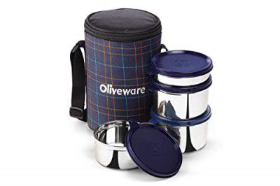 SOPL-OLIVEWARE Mega Lunch Box, 100% Leak Proof, 4 Stainless Steel Containers with BPA Free Airtight Lids (300ml, 450ml & 2x600ml) (Blue)