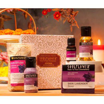 Soulflower Lavender Try me Bath Set (Bath salt, Massage Oil, Candles) (Pack of 1)