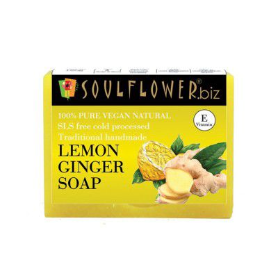 Soulflower Lemon Ginger Soap | Pigmentation, Signs of Ageing, Acne, Dull Skin | Handmade, Natural, Cold processed, Premium, Luxurious Soap | Lemon Oil, Ginger, Turmeric, Vitamin E | 150g