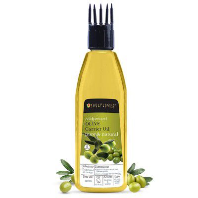 Soulflower Olive Hair Oil |Cold pressed, Hair Growth, Skin Nourishment, Fine Lines & Wrinkles, Makeup Primer | Olive Fruit, Vitamin E | Pure & Natural Olive Oil, 120ml