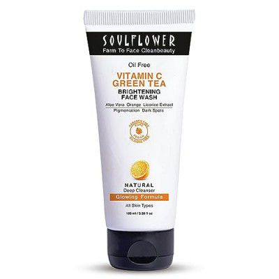 Soulflower Vitamin C Face Wash for Glowing Skin, Deep Cleansing, Face Cleanser with Green Tea, Aloe Vera, Orange & Licorice Extract| Men & Women| 100ml