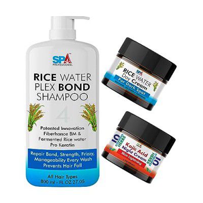 SPAWORLD Rice Water Bond Shampoo For Frizz Free Hair, Anti Hair Fall, Sulphate & Parabens Free, Suited for All Hair Types With Rice Water Cream & Kojic Acid Cream