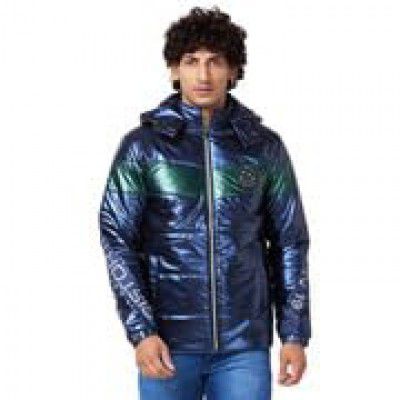 Spykar Men Midnight Blue Nylon Straight Fit Full Sleeve Plain Hooded Puffer Jacket