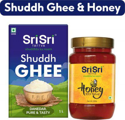 Sri Sri Tattva Essentials Combo (Shuddh Ghee - Danedar, Pure & Tasty - 1L, Honey - 100% Natural & Pure - 500g)