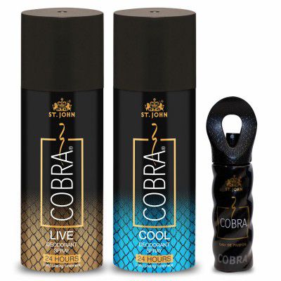 ST. JOHN COBRA Irresistible Scent Fresh and Soothing Long Lasting Good Fragrance Live and Cool Deodorant Spray (150 ml each) and Cobra Perfume(15 ml)