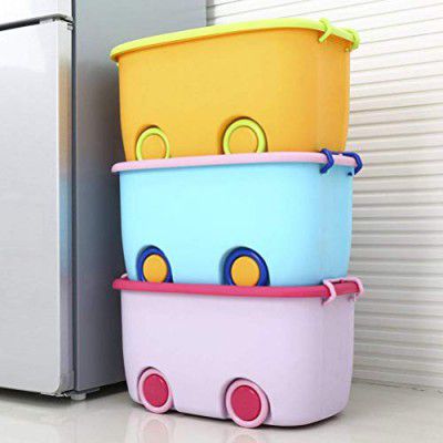 STAR WORK 25 Liters/Toy Storage Box Large Size/Toy Storage Organiser/Toy Basket Storage Box for Kids Big Size (Pack Of 1 / Multi-Color/Stakable/Wheels/Locking Lid & Handle), Plastic