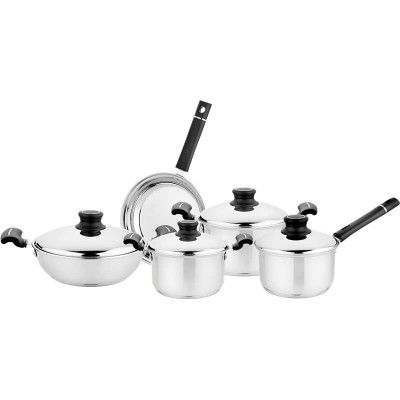 Steelcraft Premium Stainless Steel Induction Bottom Sapphire Cookware Family Combo Casserole (14, 18 cm), Kadhai with Steel lid (20 cm), Frypan (20Cm) and Saucepan (16 cm) Cook and Serve Set of 5 Pcs