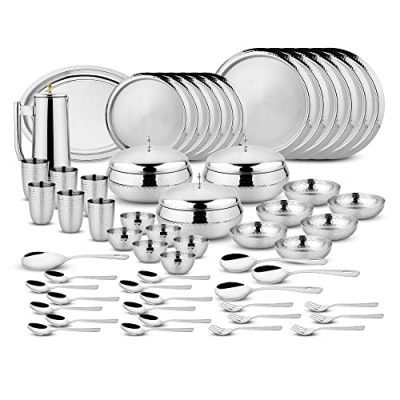 Steelcraft Premium Stainless Steel Rajasahi Dinner Set (Hammered) 57 Pcs, High Grade Quality-with Silver Touch Finish, Kitchen Set for Home, Made in India, Steel Colour