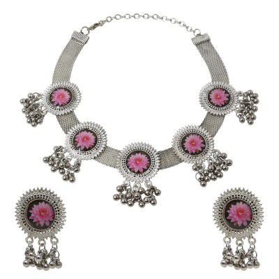 Steorra jewels Silver Oxidized Western Mirror Style Designer Antique Traditional Choker Necklace Set with Mirror Earrings For Women & Girls (mirror necklace)