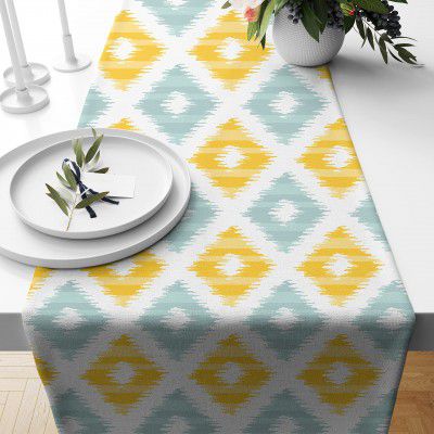 STITCHNEST Ikat Yellow Teal Printed Cotton Canvas Table Runner (13 x 60 Inches )