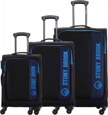 Stony Brook by Nasher Miles  Soft Body Set of 3 Luggage 4 Wheels - Classic Soft-Sided Polyester Luggage Set of 3 Black Trolley Bags (55, 65 &75cm) - Black