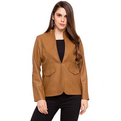 STOP by Shoppers Womens Banded Collar Solid Casual Jacket_Tan_Small