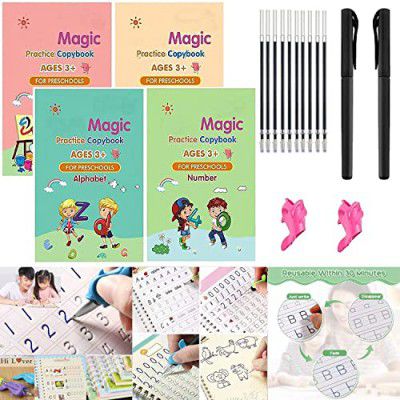 Storio Sank Magic Practice Copybook, (4 Book + 10 Refill+ 2 Pen +2 Grip) Number Tracing Book for Preschoolers with Pen, Magic Calligraphy Copybook Set