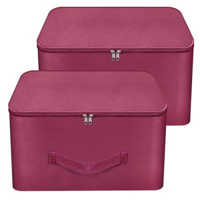 Storite 2 Pack Nylon Wardrobe Bag Underbed Moisture Proof Cloth Storage Organizer Saree Bags with Zippered Closure & Handle (Magenta, 37x35x23 cm) Square