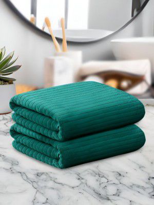 Story@home Green 2 Pieces Striped 400 GSM Microfiber Hand Towels