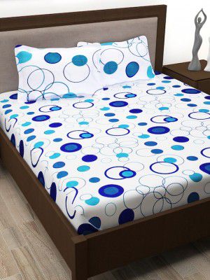 Story@home White & Blue Geometric 186 TC Cotton 1 Queen Bedsheet with 2 Pillow Covers