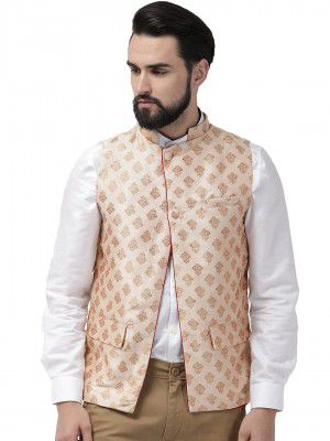 Style Quotient Men Beige & Maroon Woven Design Nehru Jacket