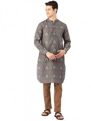 Style Quotient Men Grey Brown Printed Straight Kurta