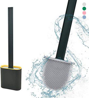 Styxon Silicon Toilet Brush (Pack of 1) with Slim Holder,Quick Drying & Anti-drip Set Holder with Long Handle Silicone Flex Toilet Bowl Cleaner Brush,Soft Silicone Bristle Clean Toilet Corner Easily