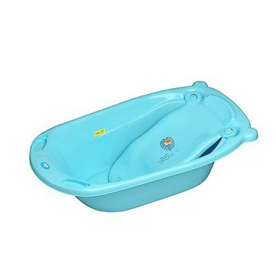 Supples Baby Bathtub and Bath Sling, Spacious, Portable, Storage Slots, Safe with Water Drain (Blue)