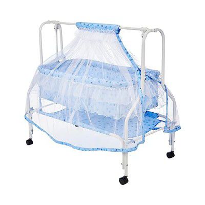 Supples Baby Cradle with Swing and Mosquito Net, Four Wheels with Brake, Strap Lock for Swing and Storage, Sturdy and Safe for 0-8 Months (Blue)