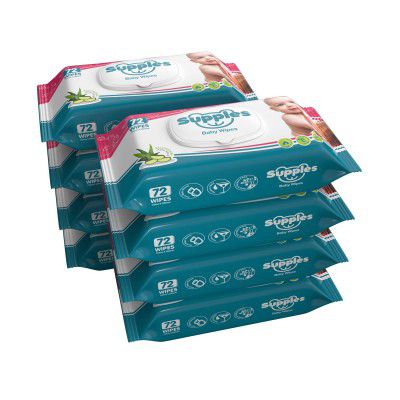 Supples Baby Wet Wipes with lid Enriched with Aloe Vera, 72 Wipes/Pack (Pack of 8)