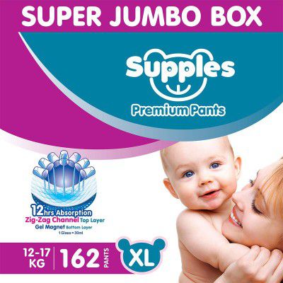 Supples Premium Diapers, X-Large (XL), 162 Count, 12-17 Kg, 12 hrs Absorption Diaper Pants