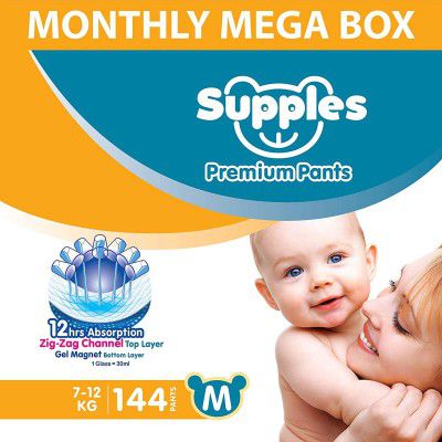 Supples Premium Diapers, Medium (M), 144 Count, 7-12 Kg, 12 hrs Absorption Diaper Pants