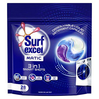 Surf Excel Matic 3 in 1 Smartshots - 28 units of dissolvable detergent capsules with Superior Stain Removal, Fabric Care and Long Lasting Fragrance. 1 shot = 1 wash