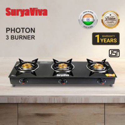 SURYAVIVA 3B Photon Bk Toughened 3 Cast Iron (Manual,Black) Glass Manual Stove (3 Burners)