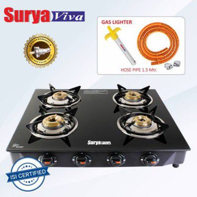 SURYAVIVA Nano 4B (Hose pipe+Lighter) Toughened Glass Gas Stove Glass Manual Gas Stove  (4 Burners)