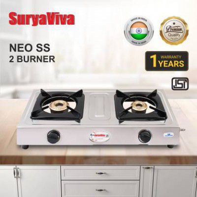 SURYAVIVA Neo 2B Stainless steel stove 2 Cast Iron burner(Silver) Stainless Steel Manual Gas Stove  (2 Burners)