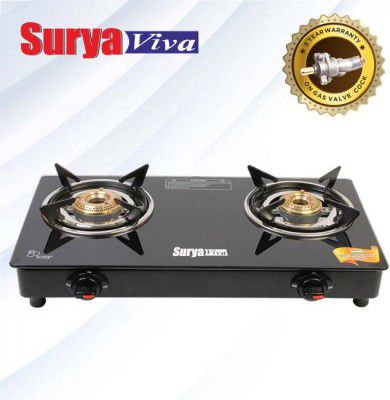 SURYAVIVA Photon 2B BK Toughened Glass 2 Cast Iron Burner Gas Stove(Manual Igniton,Black) Glass Manual Gas Stove  (2 Burners)