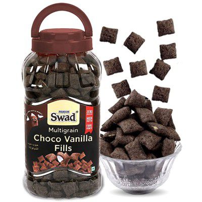 Swad Breakfast Cereal, Multigrain Choco Vanilla Fills (Made with Oats, Corn, Wheat, Rice, Zero Cholesterol Chocolate Dark Choco Fills) Jar, 370 g