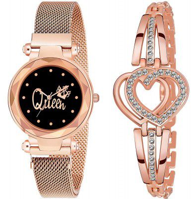 SWADESI STUFF Multicolor Metal Strap Magnet Watch & Heart Shape Diamond Bracelet Combo for Women & Girls