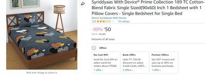 Syriddyaas With Device® Prime Collection 189 TC Cotton-Blend Fabric Single Sized(90x60) Inch 1 Bedsheet with 1 Pillow Covers - Single Bedsheet for Single Bed