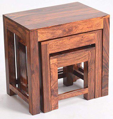 TANWAR HANDICRAFT Solid Sheesham Wood Nesting Table Set of 3 Stools Wooden Nesting | Bedside | Side Table Walnut