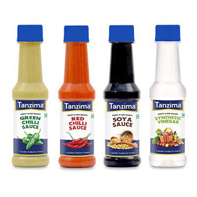 Tanzima Chilli sauces - Green Chilli Sauce, Red Chilli Sauce, SOYA Sauce, Synthetic Vinegar, Pack of 4 (200g Each)