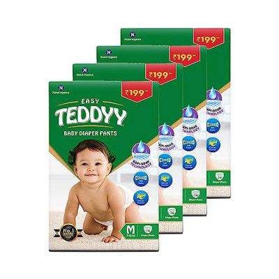 TEDDYY Baby Diapers Pants Easy Medium 56 Count (Pack of 4), 7-12 kgs, 12 hrs Leak Protection, Anti - Bacterial