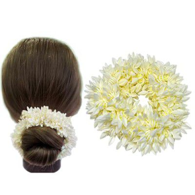 Temperia (1 Pcs) Scented Mogra Gajra Hair Accessories For Women & Girls - Hair Flower Bun Artificial Fake Gajra Scrunchies Rubber Band - Premium & Voluminous, White