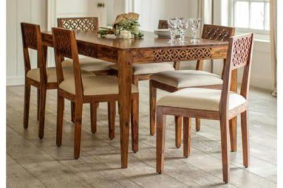 The Attic Ambient KL-1764 Six Seater Dinner Table Set (Lacquered Finish, Honey)