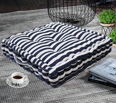 The Furnishers Weaved Quilted Floor Cushion 50x50x10 cm Navy Blue Stripe with Cotton Filler Large Size for Seating, Patio Seat, Meditation, Yoga, Pooja, Guests, Living Room, Bedroom