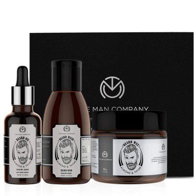 The Man Company Beard Care Kit for Men with Almond & Thyme Beard Growth Oil, Face & Beard Hair Wash, Beard Wax/Softener | Strengthen, Soften & Nourishes Beard | Daily Care Grooming Gift Pack - Pack of