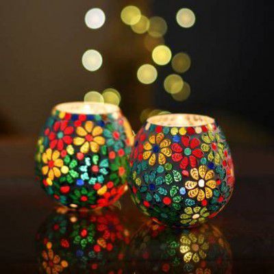 The Paradise Set of 2 Tea Light Candle Holder Mosaic Glass Votives Turkish Design Diwali