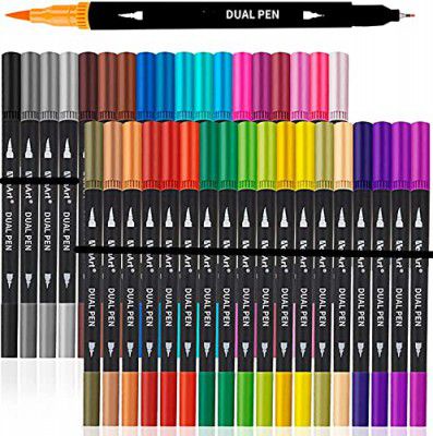 THR3E STROKES 36 Art Markers Dual Tips Coloring Brush Fineliner Color Water Based Marker Pens Set (BLACK)