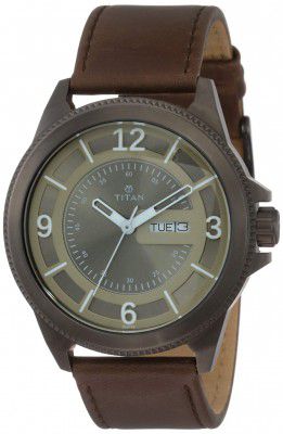 Titan Grey Dial Analog with Day and Date Leather Strap Watch for Men-NS1701QL04