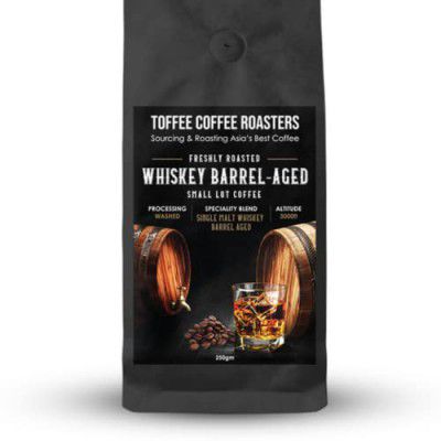 Toffee Coffee Roasters | Single Malt Whiskey Barrel Aged Coffee | 100% Arabica | Medium Dark Roast | Grounded Coffee Notes: Fine Malt and Green Apple | Grind: Whole Beans| Freshly Roasted | 250 gm