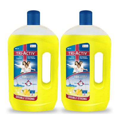 Tri-Activ Double Strong Disinfectant Floor Cleaner | Half Cap Only | 10X Cleaning with 99.9% Germ kill | Citrus Fragrance - Pack of 2 (1000ml x 2 Units)