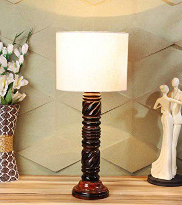 tu casa Mango-Wood Ntu-159 Beige Jute Shade Table lamp Holder (Bulb not Included) - 10 x 10 x 15, Offwhite