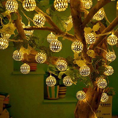 TUCASA- Metal Ball with 16 led Hanging Lantern String Light Golden -Warm White-Plug in